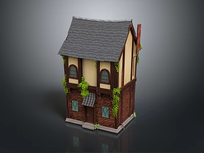 Cartoon House With Gray Roof Yellow Walls Brown Accents Green Vines Windows And Door 3d model