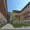 Modern School Building Courtyard With Red Brick Facades Glass Walls Green Lawn Trees And Benches