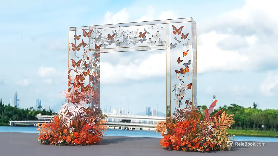 Event Entrance Arch With Transparent Frame Butterfly Decorations Orange Red Flowers City Water View 3d model 