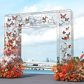 Event Entrance Arch With Transparent Frame Butterfly Decorations Orange Red Flowers City Water View