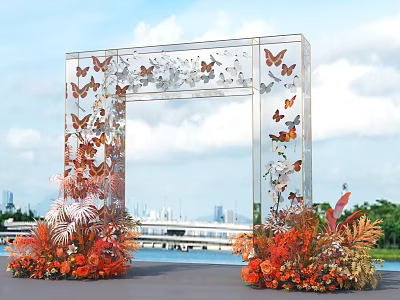 Event Entrance Arch With Transparent Frame Butterfly Decorations Orange Red Flowers City Water View 3d model