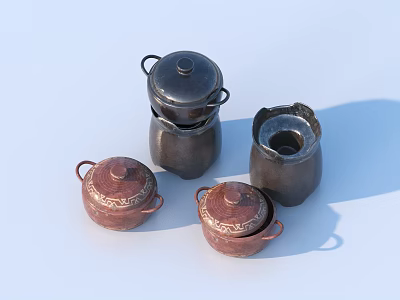 Vintage Traditional Household Lidded Containers With Handles In Dark Brown And Copper 3d model