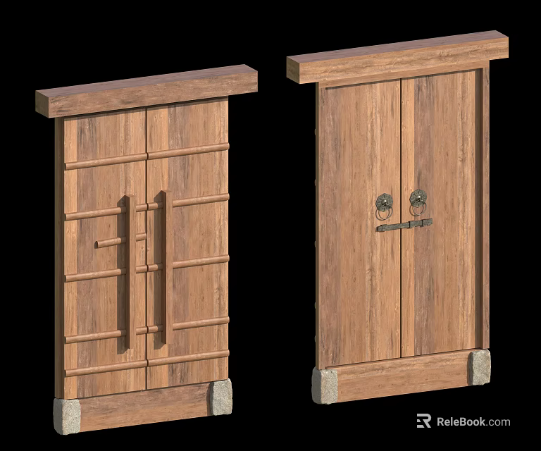 Classic Wooden Doors with Striped Panels Metal Door Knockers and Stone Bases 3d model 