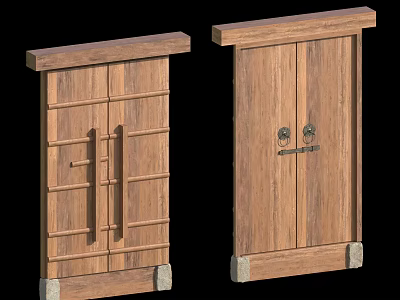 Classic Wooden Doors with Striped Panels Metal Door Knockers and Stone Bases 3d model