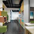 Modern Office Corridor Interior With Colorful Storage Cabinets And Green Plants
