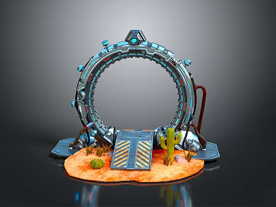 Sci Fi Circular Ring Structure With Platform And Cactus On Sandy Ground 3d model