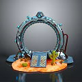 Sci Fi Circular Ring Structure With Platform And Cactus On Sandy Ground
