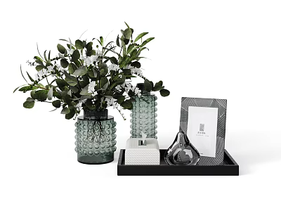 Decorative Ornament Set With Green Glass Vases Flowers Black Tray Photo Frame And Pear Decor 3d model