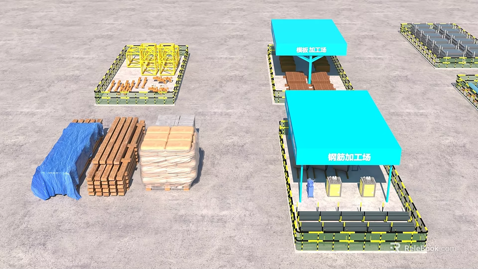 Construction Site Welding Reinforcement Processing Zones Wooden Boards Blue Covers 3d model 