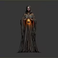 Hooded Woman In Long Robe Holding Glowing Lantern Against Gray Background