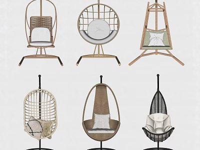 Stylish Hanging Chairs with Various Rattan Wooden Designs Stands and Comfortable Cushions 3d model