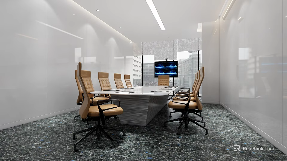Modern Conference Room Interior With Long Table Chairs Large Screen And Windows 3d model