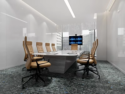 Modern Conference Room Interior With Long Table Chairs Large Screen And Windows 3d model
