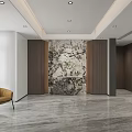 Modern Living Dining Room With Marble Column Brown Sofa And Dark Display Cabinets