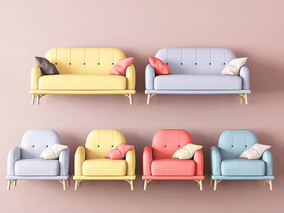 Pastel Color Sofa Set With Yellow Blue Pink Seats And Metal Legs For Living Room 3d model