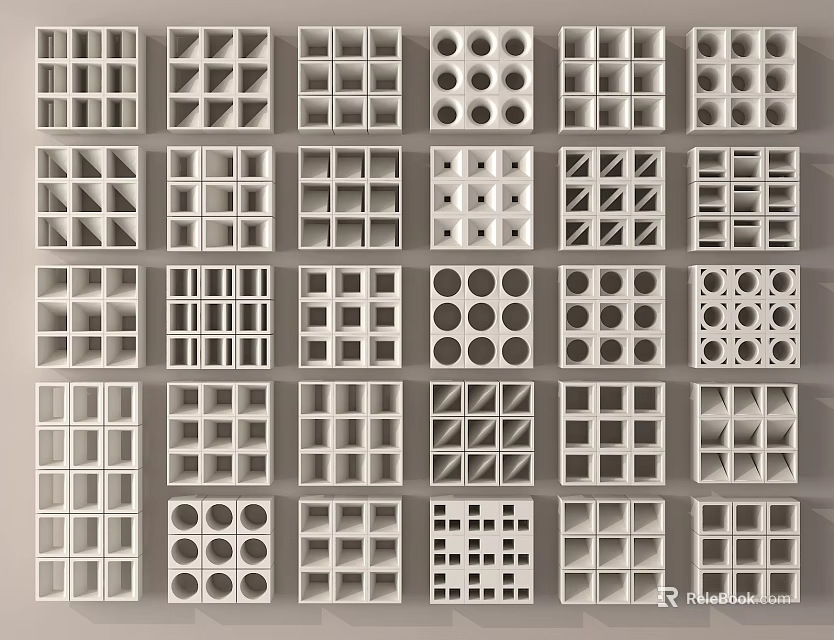 White Square Decorative Panels Featuring Various Geometric Patterns Arrangement 3d model