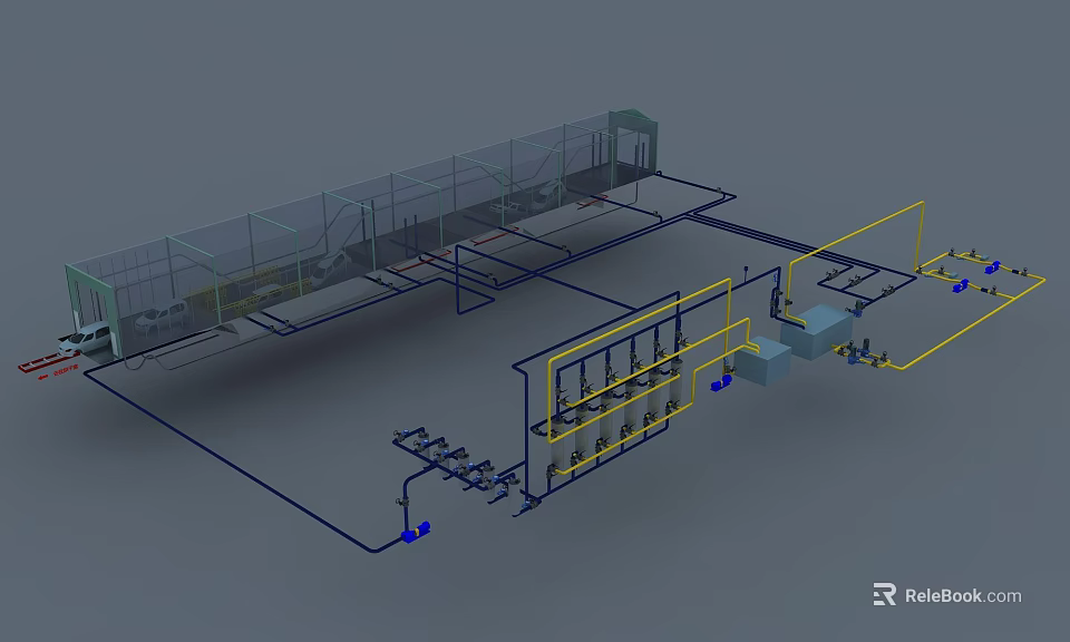 Industrial Pipeline System Layout With Blue Yellow Pipes And Engineering Equipment 3d model 