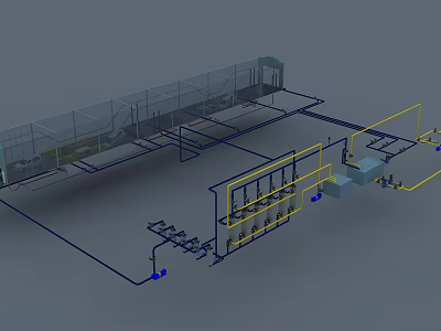 Industrial Pipeline System Layout With Blue Yellow Pipes And Engineering Equipment 3d model