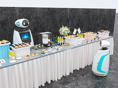 Elegant Tableware Set Display On Long Table With Robots Desserts Drinks And Flower Bouquet 3d model