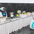 Elegant Tableware Set Display On Long Table With Robots Desserts Drinks And Flower Bouquet 3d model