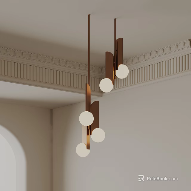 Contemporary Chandelier With Metal Rods And White Globe Lights On Decorative Ceiling Molding 3d model 