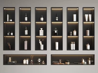 Modern Black Bathroom Shelves With LED Lighting Neatly Display Various Accessories 3d model