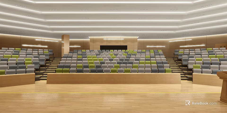 Modern Conference Room With Tiered Gray Green Seats Wooden Podium And Lighting 3d model 