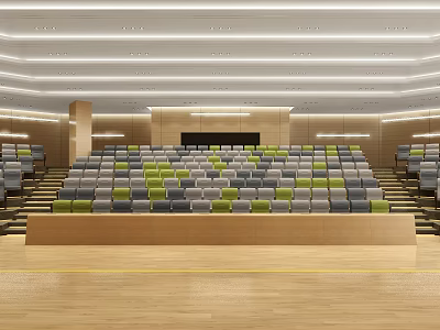 Modern Conference Room With Tiered Gray Green Seats Wooden Podium And Lighting 3d model