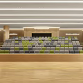 Modern Conference Room With Tiered Gray Green Seats Wooden Podium And Lighting
