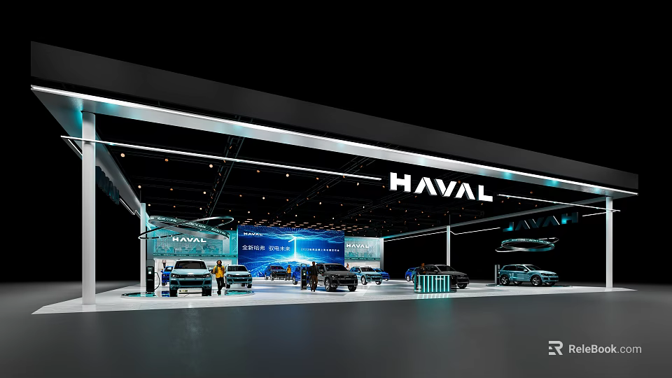 HAVAL Exhibition Booth With Modern Illuminated Design Displayed Cars And Visitors 3d model 