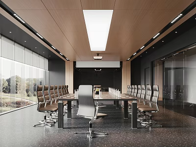 Modern Conference Room with Long Table Comfortable Chairs Wooden Ceiling and Large Windows View 3d model