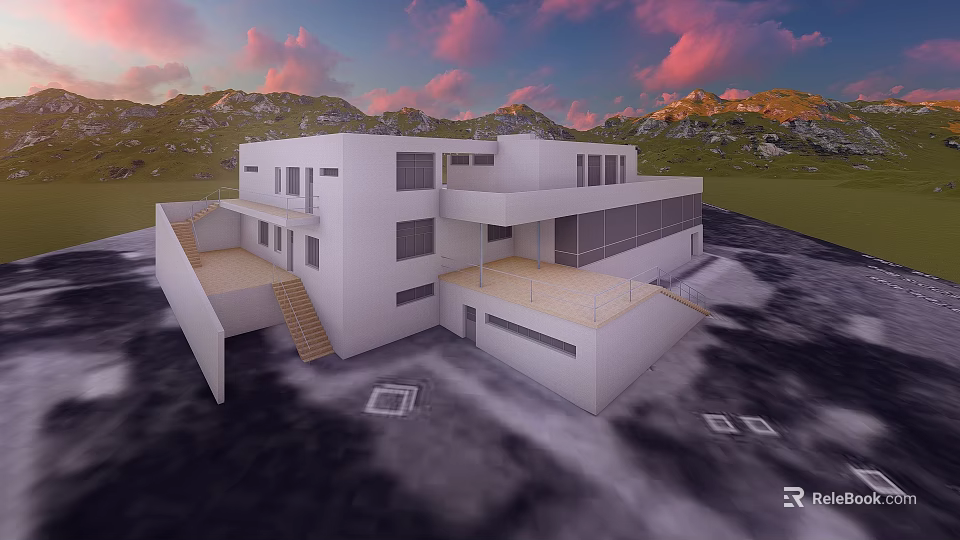 Modern Detached Villa With Large Windows Terrace And Mountain View At Sunset 3d model