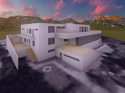 Modern Detached Villa With Large Windows Terrace And Mountain View At Sunset 3d model
