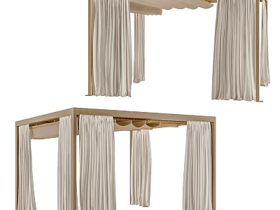 Elegant Wooden Canopy Bed Frame With Beige Curtains For Bedroom Decoration 3d model