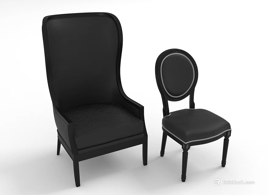 Black Leather Leisure Chairs Two Piece Set With High Back And Sturdy Black Legs 3d model 