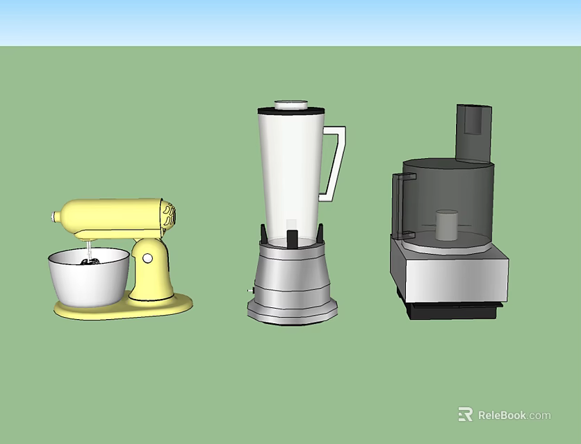 Essential Kitchen Appliances Featuring Yellow Mixer White Blender And Silver Food Processor 3d model 