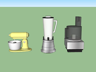 Essential Kitchen Appliances Featuring Yellow Mixer White Blender And Silver Food Processor 3d model