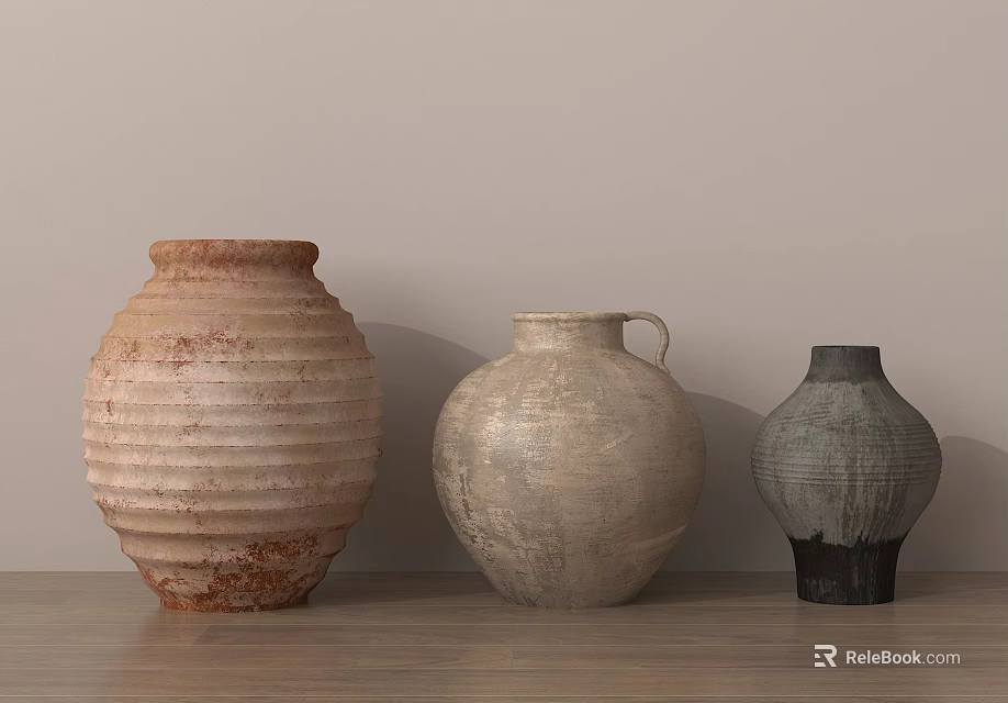 Three Decorative Ceramic Vases With Textured Surfaces In Neutral Tones On Wooden Table 3d model 