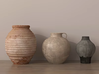 Three Decorative Ceramic Vases With Textured Surfaces In Neutral Tones On Wooden Table 3d model