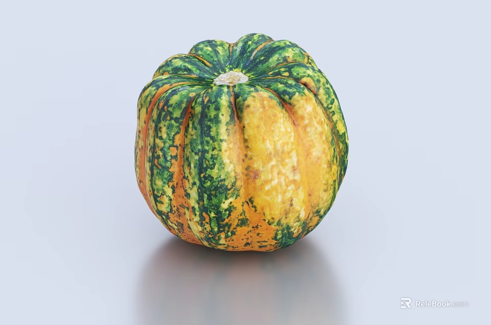 Round Green and Yellow Striped Pumpkin with Natural Texture on Light Gray Background 3d model 