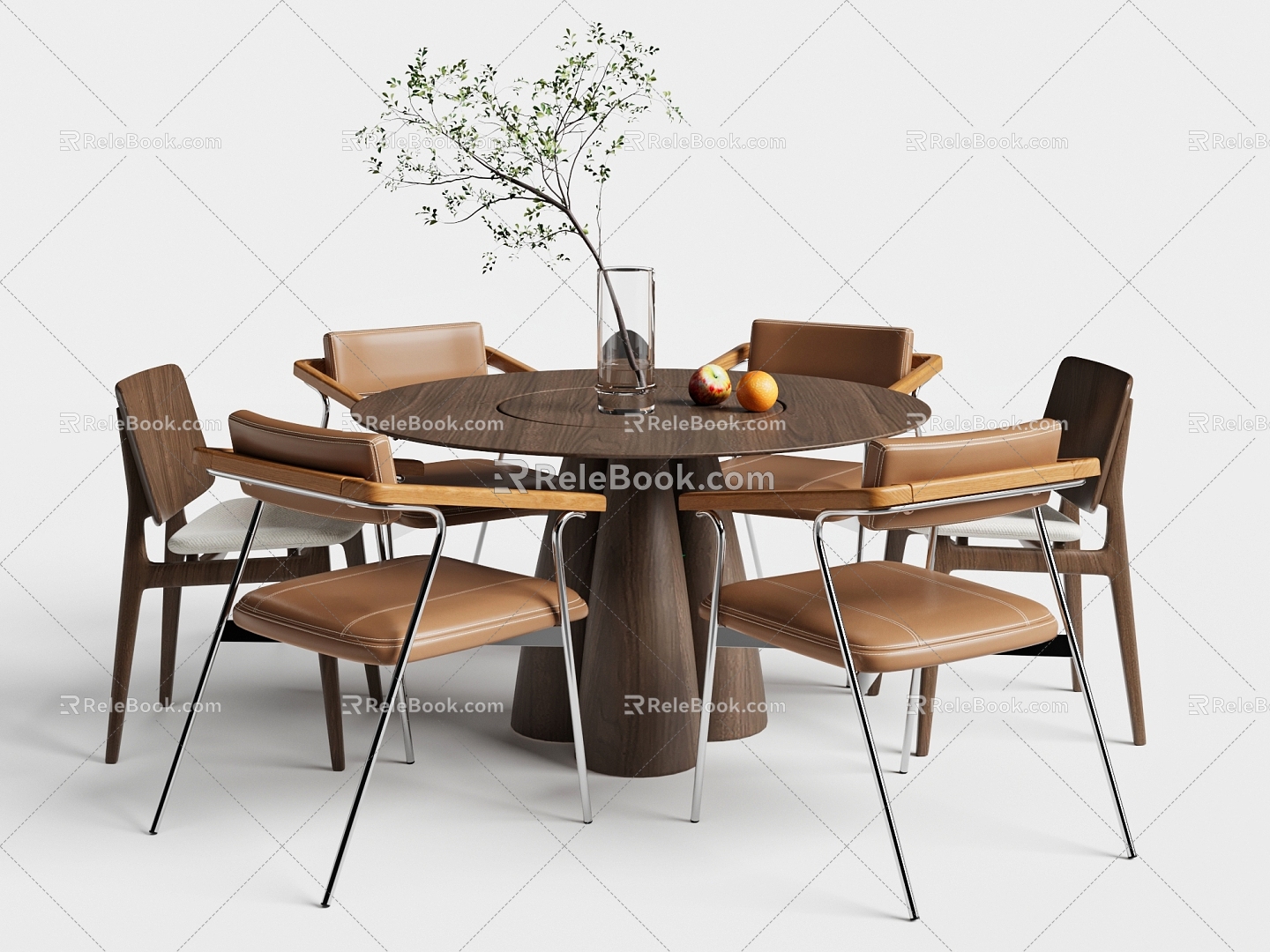 Quiet Dining Table and Chair Combination Round Dining Table and Dining Chair Ornaments 3d model