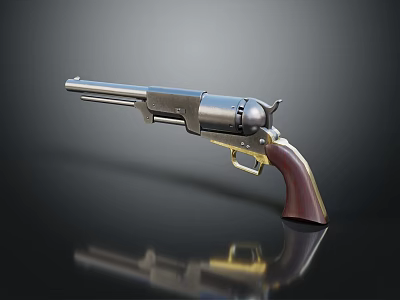Vintage Revolver With Silver Barrel Black Cylinder Gold Accents Brown Wooden Grip On Dark Surface 3d model