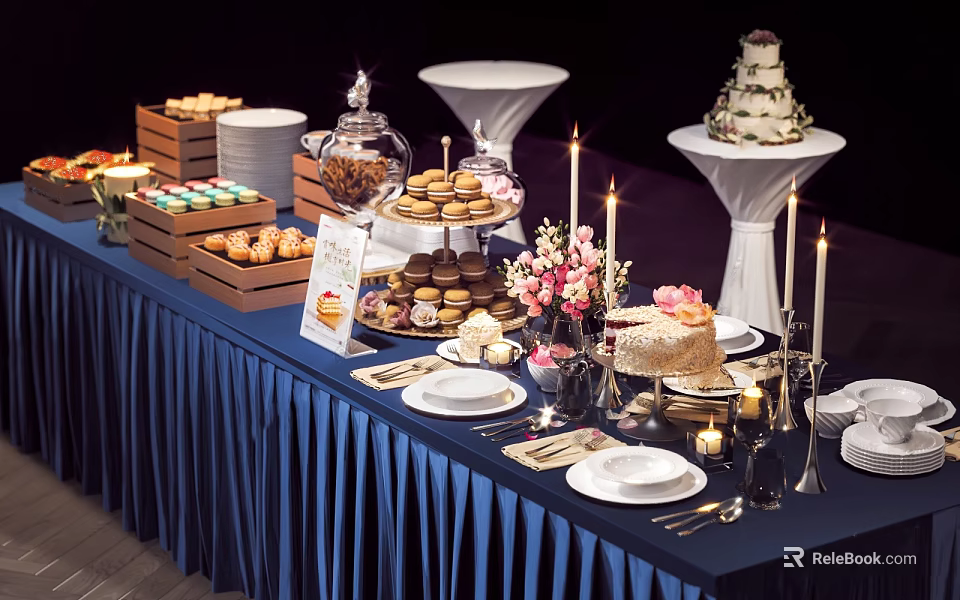Elegant Dessert Table Setup With Assorted Cakes Cookies Flowers Candles And Blue Tablecloth 3d model 