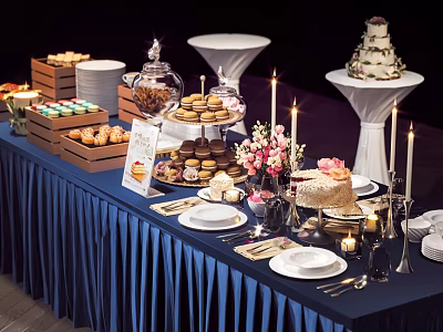 Elegant Dessert Table Setup With Assorted Cakes Cookies Flowers Candles And Blue Tablecloth 3d model