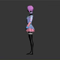 3D Character Model With Pink Hair Blue Pink Outfit Skirt Black Gloves And Leggings