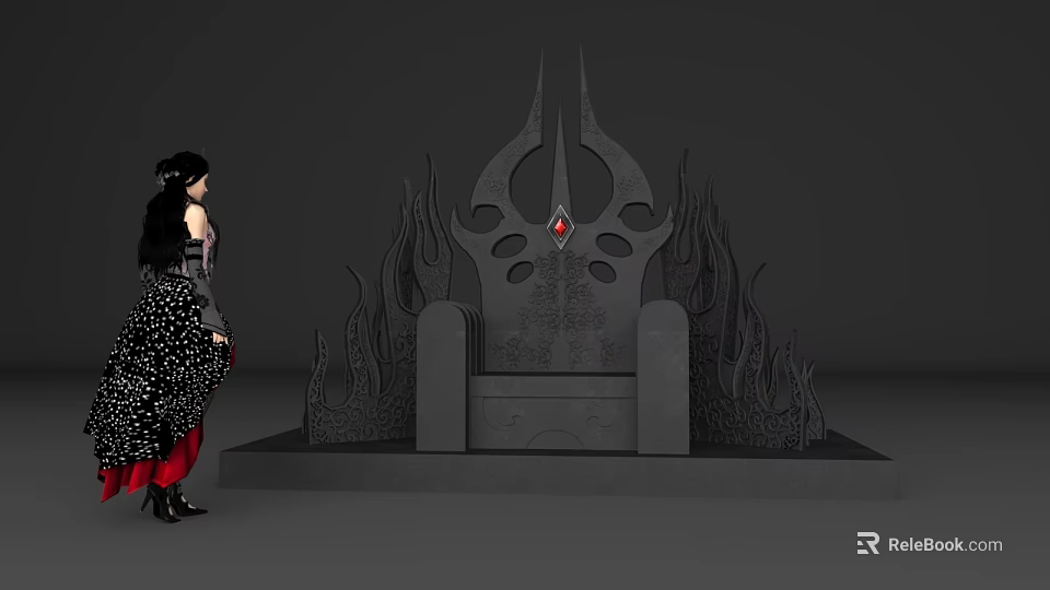 Striking Black Throne Photo Spot With Flame Decorations And Red Gemstone 3d model 