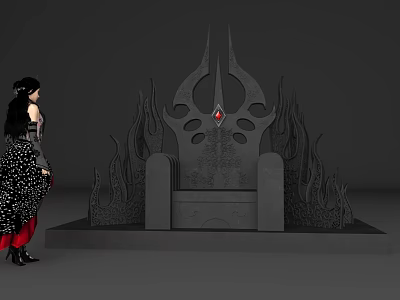 Striking Black Throne Photo Spot With Flame Decorations And Red Gemstone 3d model