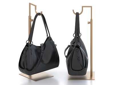 Black Leather Shoulder Bag Hanging On Gold Metal Stand With Modern Design Details 3d model