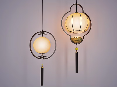 Two Chinese Style Round Pendant Lights With Black Frame White Shade And Tassels Hanging 3d model