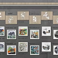 Gallery Wall Display With Various Artworks Including Colorful And Black White Paintings